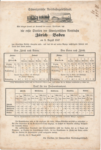 Fahrplan Zürich - Baden, der Schweizerischen Nordbahn (1847). (Verkehrshaus der Schweiz, VA-58151)