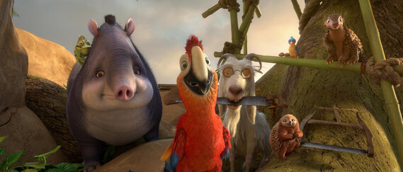 Ein Tapir, ein Papagei und eine Ziege im Animationsstil blicken in die Kamera.