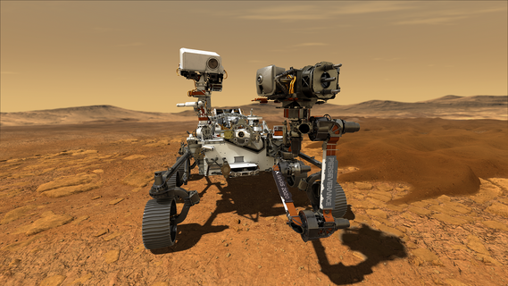 Eine 3D-Darstellung des Mars Rover auf der Marsoberfläche