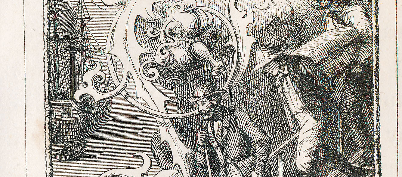 Eine verschnörkelte Illustration von Matrosen, die Fracht auf ein Schiff verladen, umrahmt von verschlungenen Mustern und einem Globus-Emblem über dem Kopf.