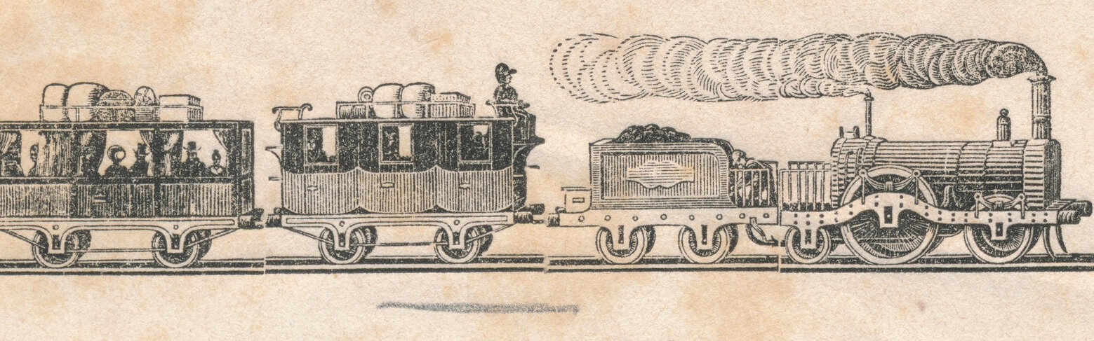 Illustration einer alten Dampflokomotive mit einem Personenwagen